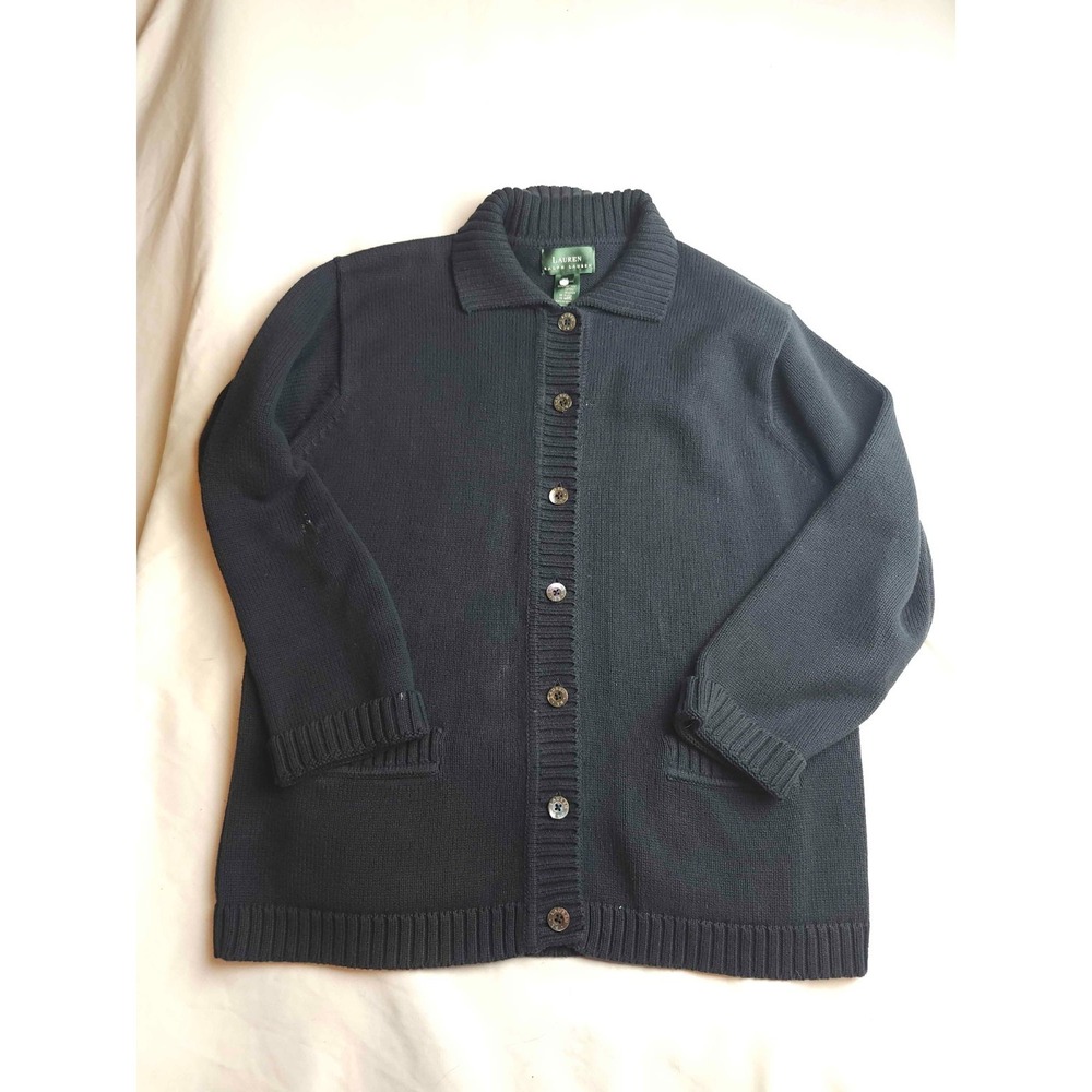 Lauren Ralph Lauren Cardigan Sweater Womens Large Black Knit Coastal Grandma